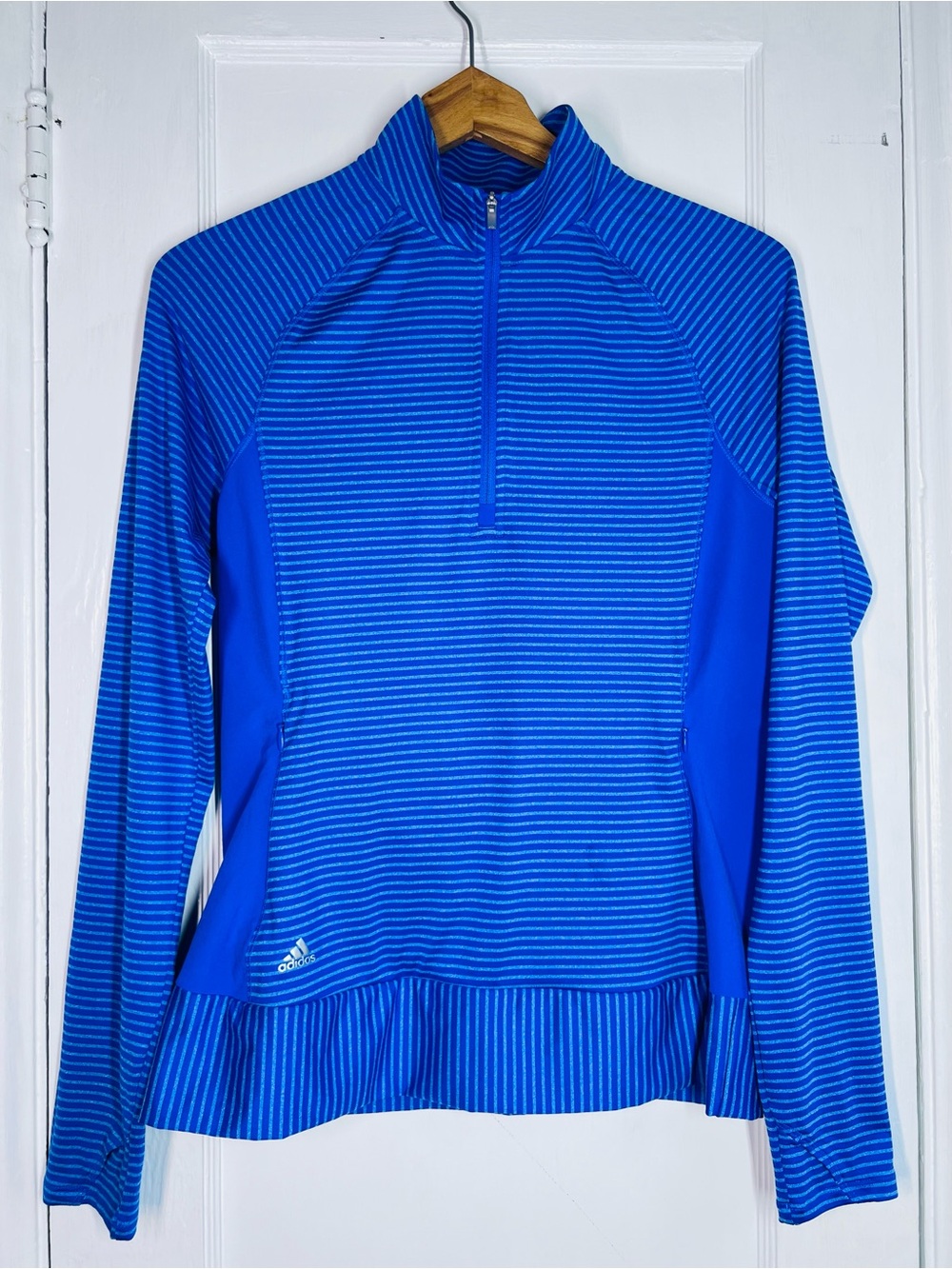 Adidas Blue White Striped Half Zip Long Sleeve Athletic Pullover Size S